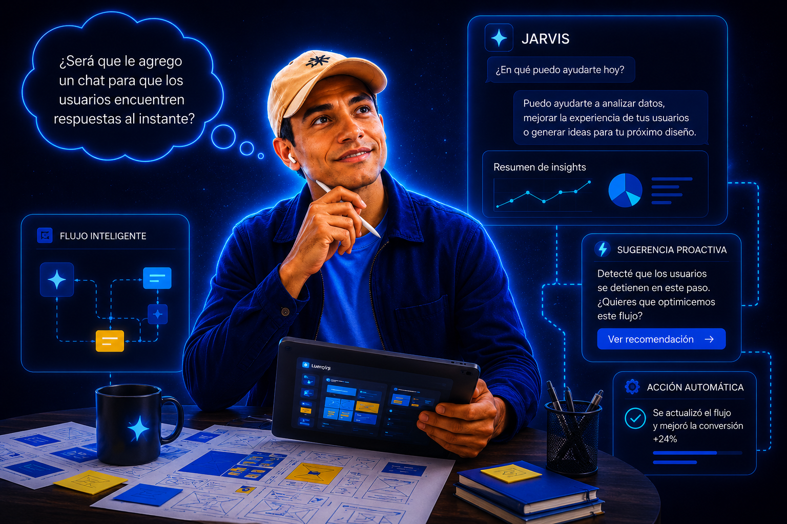 Diseñador evaluando UI agéntica con interfaces holográficas y copiloto JARVIS
